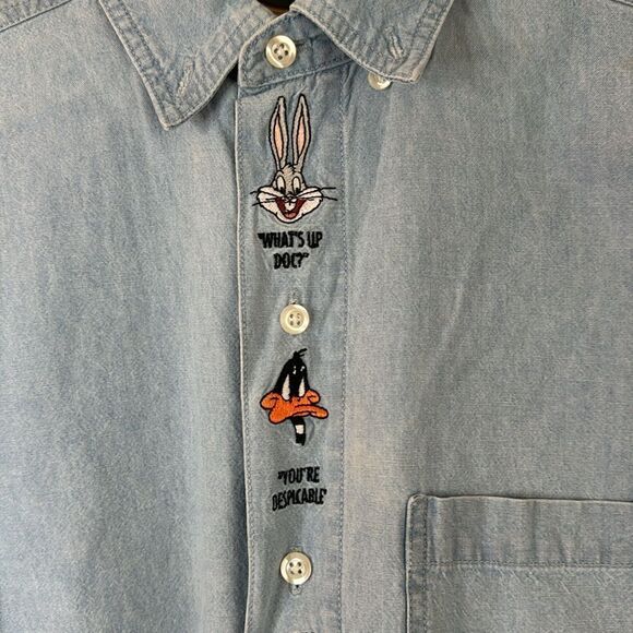 Vintage Warner Bros Looney Tunes Denim Chambray Button Long Sleeve Cotton Size S - Picture 3 of 7